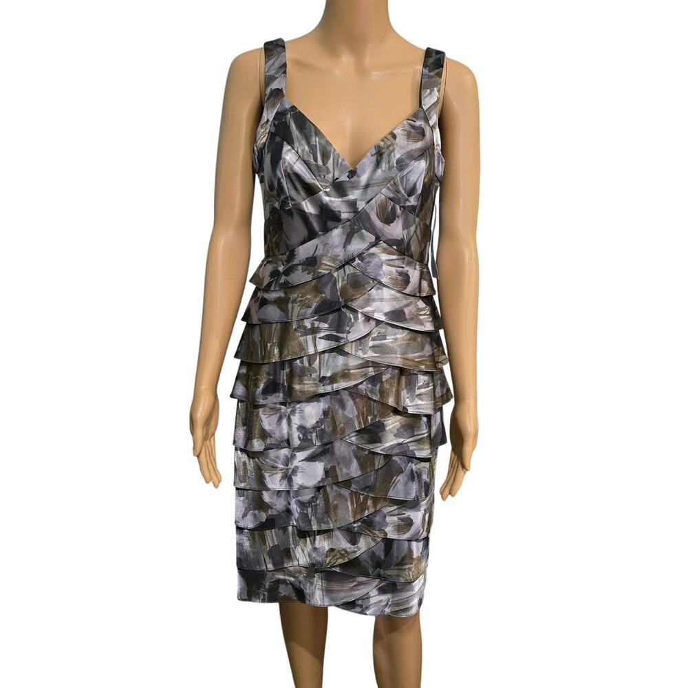 London Times Tiered Grey Floral Satin Dress Size 8 NWT